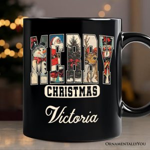 Merry Christmas Vintage Personalized Mug, Santa Tree Reindeer Snowman Nutcracker Gift with Custom Name