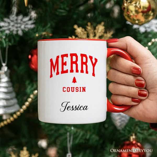 Merry Cousin Retro Christmas Personalized Mug, Matching Family Holiday Gift with Custom Name