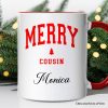 Merry Cousin Retro Christmas Personalized Mug, Matching Family Holiday Gift with Custom Name