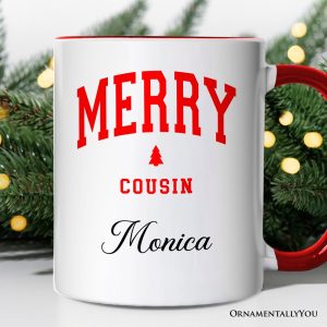 Merry Cousin Retro Christmas Personalized Mug, Matching Family Holiday Gift with Custom Name