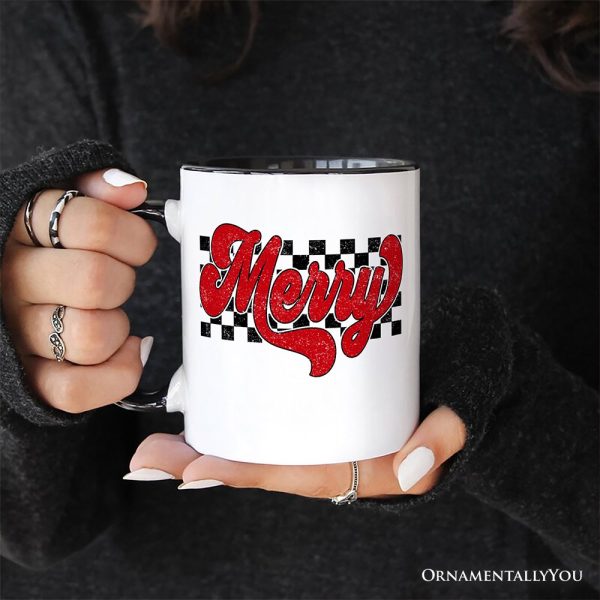 Merry Retro Personalized Mug, Christmas Checkered Gift with Custom Name