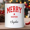 Merry Sister Retro Christmas Personalized Mug, Matching Family Holiday Gift with Custom Name