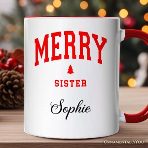 Merry Sister Retro Christmas Personalized Mug, Matching Family Holiday Gift with Custom Name