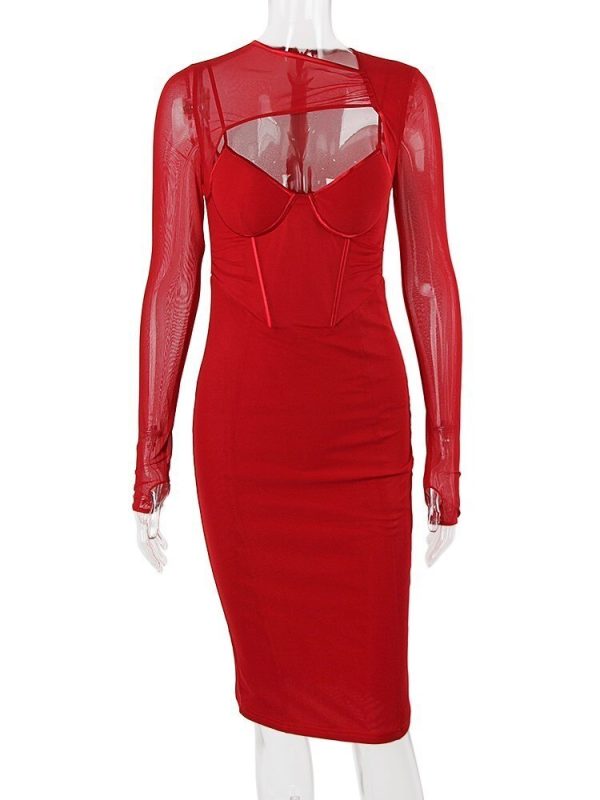 Mesh Long Sleeve Corset Midi Dresses Mesh Long Sleeve Corset Midi Dresses
