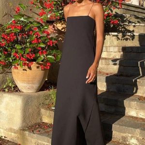 Minimalist Pocket Trim A Line Cotton Blend Summer Cami Maxi Sundress - Black