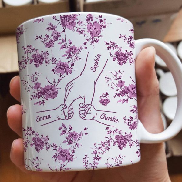Mom & Kids Hands Holding Outline Chinoiseries Pattern Personalized Mug