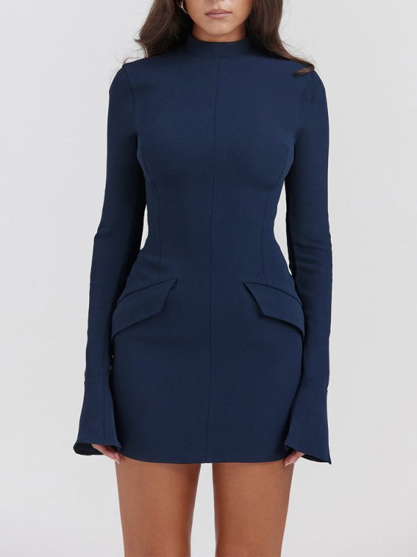 Navy Fluted Cuffs Long Sleeve Bodycon Mini Dress Navy Fluted Cuffs Long Sleeve Bodycon Mini Dress