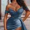 Off Shoulder Plunge Neck High Side Slit Maxi Dress Off Shoulder Plunge Neck High Side Slit Maxi Dress