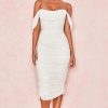 Off Shoulder Ruched Bodycon Cocktail Party Dress - White Off Shoulder Ruched Bodycon Cocktail Party Dress - White