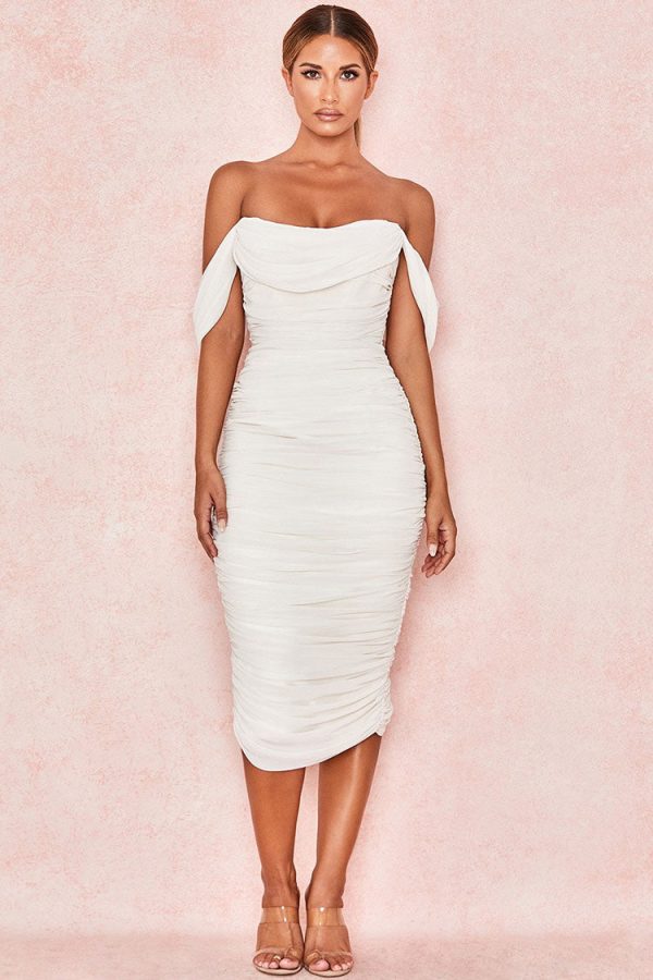Off Shoulder Ruched Bodycon Cocktail Party Dress - White Off Shoulder Ruched Bodycon Cocktail Party Dress - White