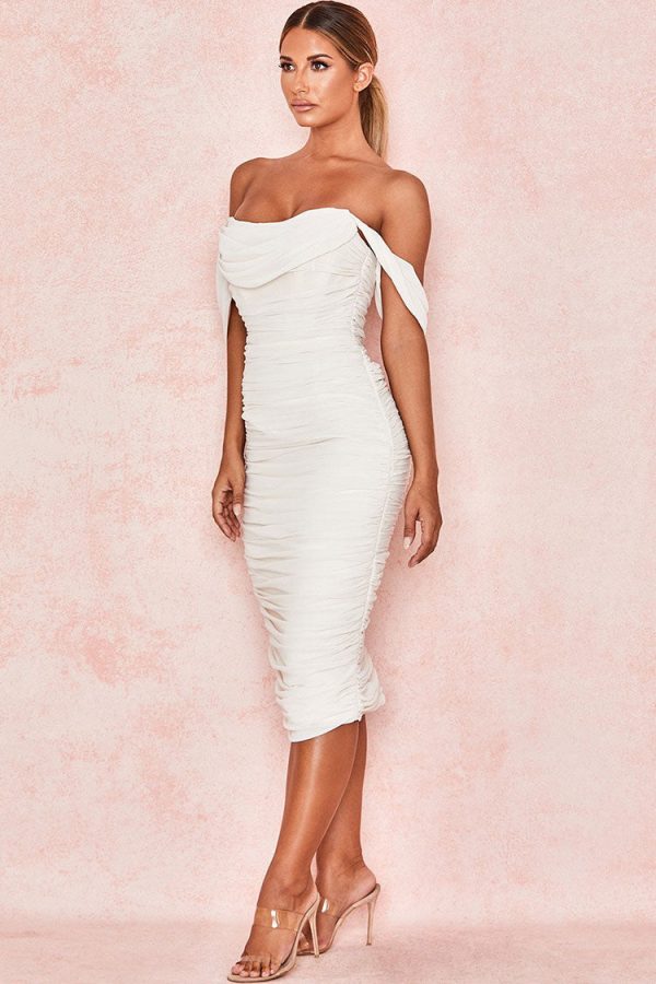 Off Shoulder Ruched Bodycon Cocktail Party Dress - White Off Shoulder Ruched Bodycon Cocktail Party Dress - White