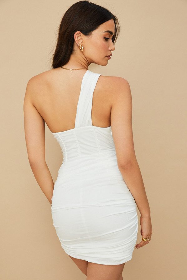 One Shoulder Cutout Ruched Bodycon Corset Mini Dress - White One Shoulder Cutout Ruched Bodycon Corset Mini Dress - White