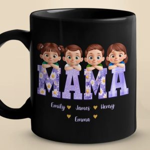 Our Hearts Belong To Mama - Family Personalized Custom Black Mug - Mother's Day, Gift For Mom, Grandma