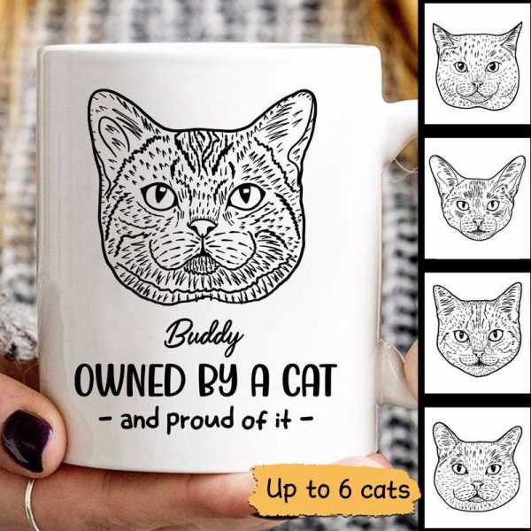 Owned By Cats & Proud Cat Head Outline Personalized Mug Owned By Cats & Proud Cat Head Outline Personalized Mug