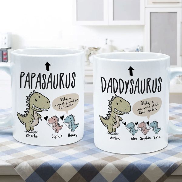 Papasaurus And Kids Cute Style Personalized Mug, Father's Day Gift for Grandpa