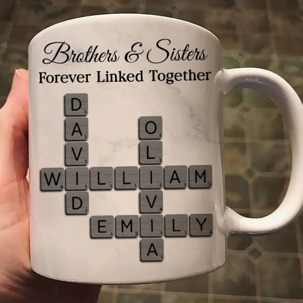 Personalized Brothers And Sisters Mug With Crossword Names White Ceramic Mug Unique Sibling Gift Keepsake