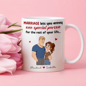 Personalized Ceramic Mug Funny Marriage Quote With Cute Couple Illustration - Unique Gift For Wife Or Husband