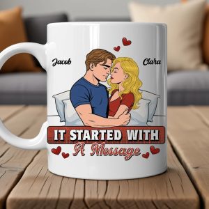Personalized Ceramic Mug It Started With A Message Couple Hugging Cute Cartoon Style Unique Romantic Gift