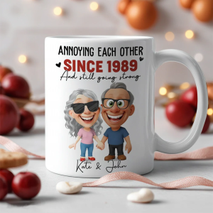 Personalized Ceramic Mug With Funny Couple Cartoon Annoying Each Other Since Custom Gift For Husband Or Wife