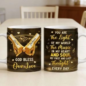 Personalized Ceramic Mug With Holding Hands and Heart, Romantic Custom Gift for Couple, You Are The Light Of My World