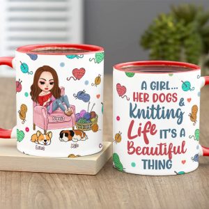 Personalized Gifts For Knitting Lover Accent Mug Women Sitting Knitting With Dog 04XQPU010824HH