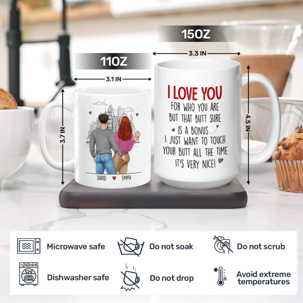 Personalized White Ceramic Mug with Hugging Couple Illustration, Funny Love Quote, Unique Romantic Gift for Partner Personalized White Ceramic Mug with Hugging Couple Illustration, Funny Love Quote, Unique Romantic Gift for Partner