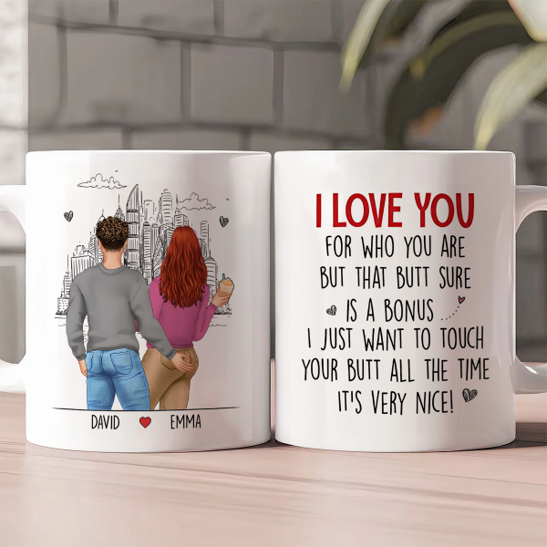 Personalized White Ceramic Mug with Hugging Couple Illustration, Funny Love Quote, Unique Romantic Gift for Partner Personalized White Ceramic Mug with Hugging Couple Illustration, Funny Love Quote, Unique Romantic Gift for Partner