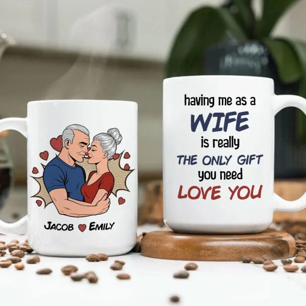 Personalized Wife Gift White Ceramic Mug with Kissing Couple Illustration, The Only Gift You Need, Unique Romantic Gift Personalized Wife Gift White Ceramic Mug with Kissing Couple Illustration, The Only Gift You Need, Unique Romantic Gift