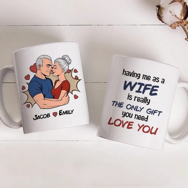 Personalized Wife Gift White Ceramic Mug with Kissing Couple Illustration, The Only Gift You Need, Unique Romantic Gift Personalized Wife Gift White Ceramic Mug with Kissing Couple Illustration, The Only Gift You Need, Unique Romantic Gift