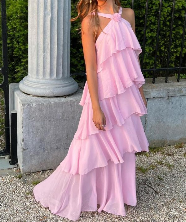 Pink Halter Ruffled Layered Maxi Dress Pink Halter Ruffled Layered Maxi Dress