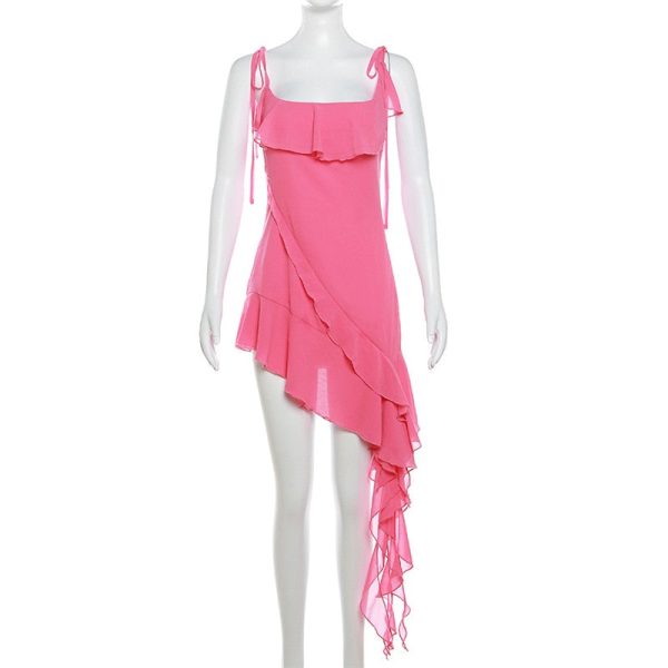 Pink Irregular Ruffle Tie-Up Strap Mini Dress Pink Irregular Ruffle Tie-Up Strap Mini Dress