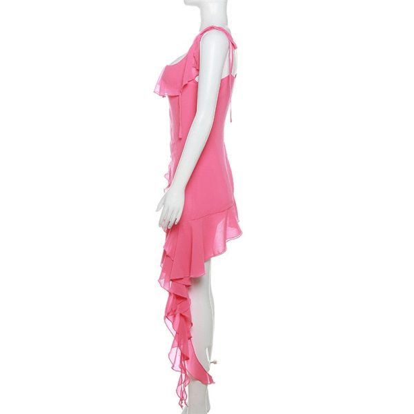 Pink Irregular Ruffle Tie-Up Strap Mini Dress Pink Irregular Ruffle Tie-Up Strap Mini Dress