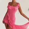 Pink Irregular Ruffle Tie-Up Strap Mini Dress Pink Irregular Ruffle Tie-Up Strap Mini Dress