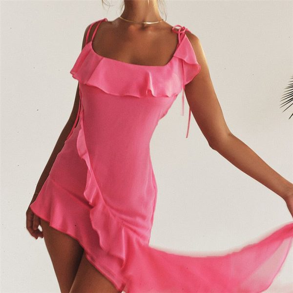 Pink Irregular Ruffle Tie-Up Strap Mini Dress Pink Irregular Ruffle Tie-Up Strap Mini Dress