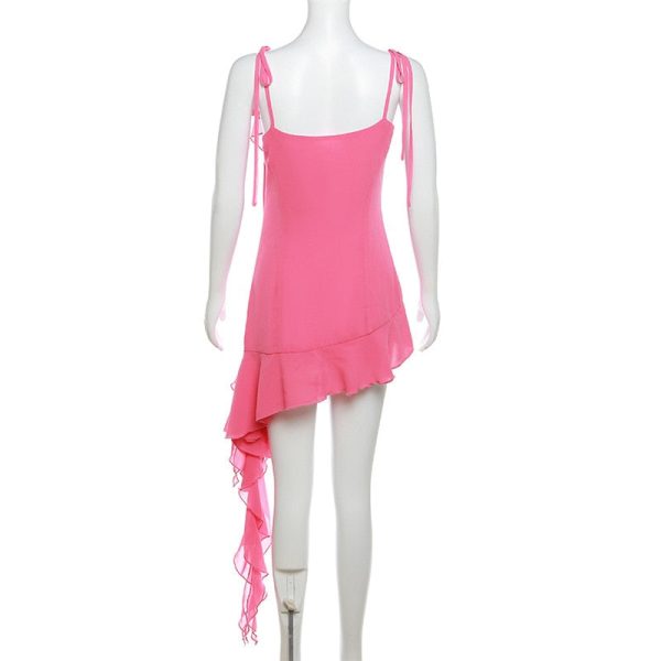Pink Irregular Ruffle Tie-Up Strap Mini Dress Pink Irregular Ruffle Tie-Up Strap Mini Dress