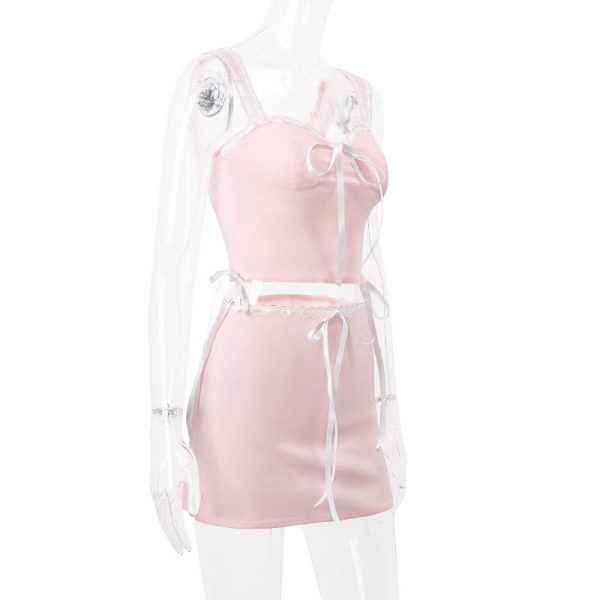 Pink Lace Bow Cami Top And Mini Skirt Set Pink Lace Bow Cami Top And Mini Skirt Set
