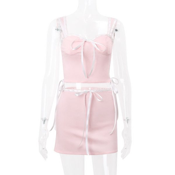 Pink Lace Bow Cami Top And Mini Skirt Set Pink Lace Bow Cami Top And Mini Skirt Set