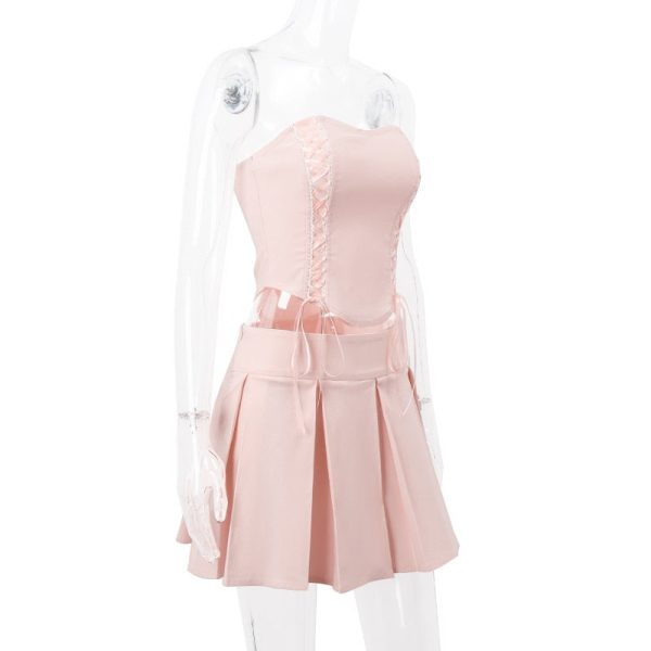 Pink Lace Up Corset And Pleated Mini Skirt Set Pink Lace Up Corset And Pleated Mini Skirt Set