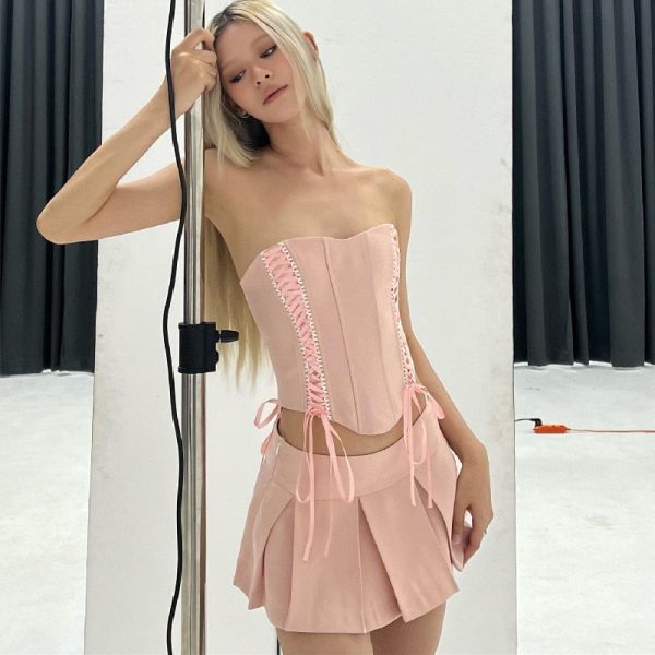 Pink Lace Up Corset And Pleated Mini Skirt Set Pink Lace Up Corset And Pleated Mini Skirt Set