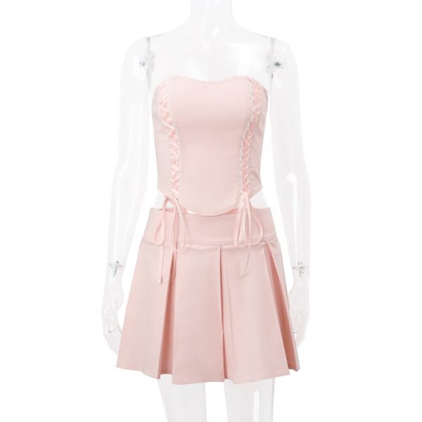 Pink Lace Up Corset And Pleated Mini Skirt Set Pink Lace Up Corset And Pleated Mini Skirt Set