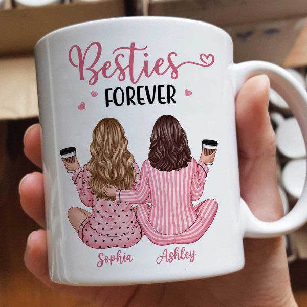 Pink Pajamas Besties, Besties Forever Personalized Mug, Heartfelt Gift For Best Friends, BFF