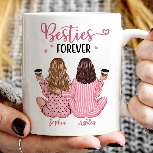 Pink Pajamas Besties, Besties Forever Personalized Mug, Heartfelt Gift For Best Friends, BFF