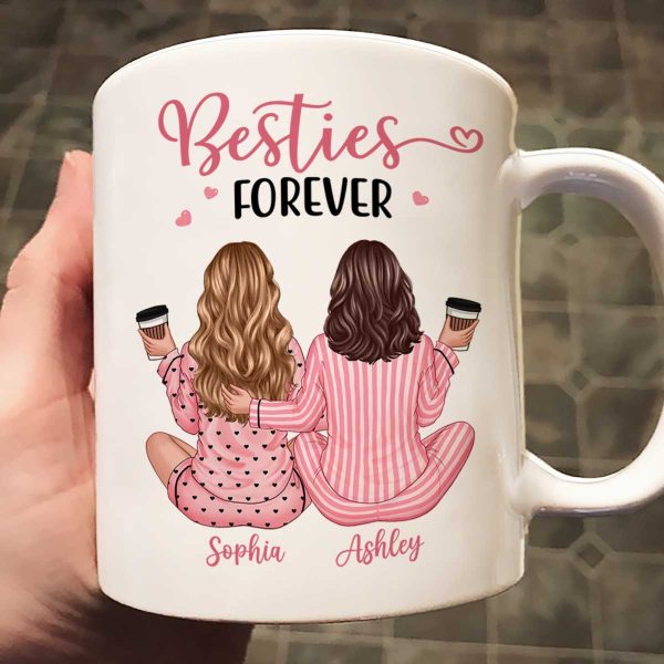 Pink Pajamas Besties, Besties Forever Personalized Mug, Heartfelt Gift For Best Friends, BFF