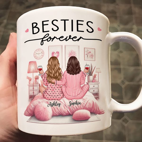 Pink Pajamas Besties In Cozy Room Personalized Mug, Heartfelt Gift For Best Friends, BFF