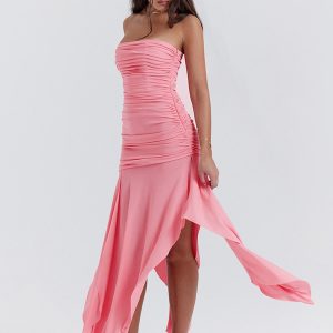 Pink Ruched Frill Tube Midi Dress