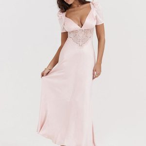 Pink Satin V-Neck Puff Sleeve Lace Patchwork Midi Dress