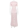 Pink Satin V-Neck Puff Sleeve Lace Patchwork Midi Dress Pink Satin V-Neck Puff Sleeve Lace Patchwork Midi Dress
