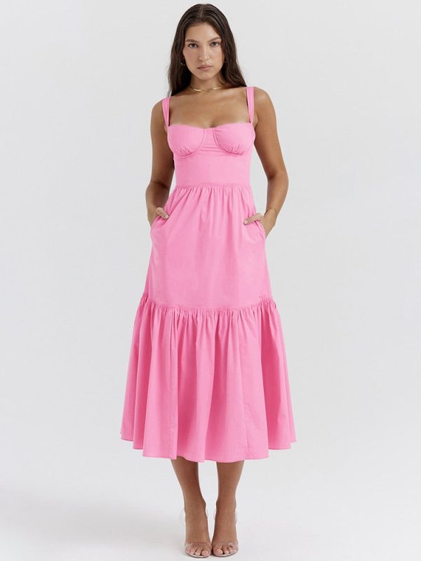 Pink Strap Midi Dress With Pocket Pink Strap Midi Dress With Pocket