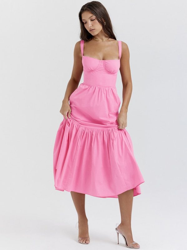 Pink Strap Midi Dress With Pocket Pink Strap Midi Dress With Pocket