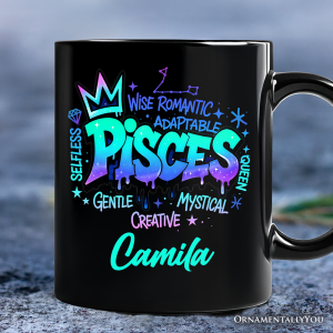 Pisces Graffiti Zodiac Personalized Mug, Street Style Astrology Horoscope Gift with Custom Name